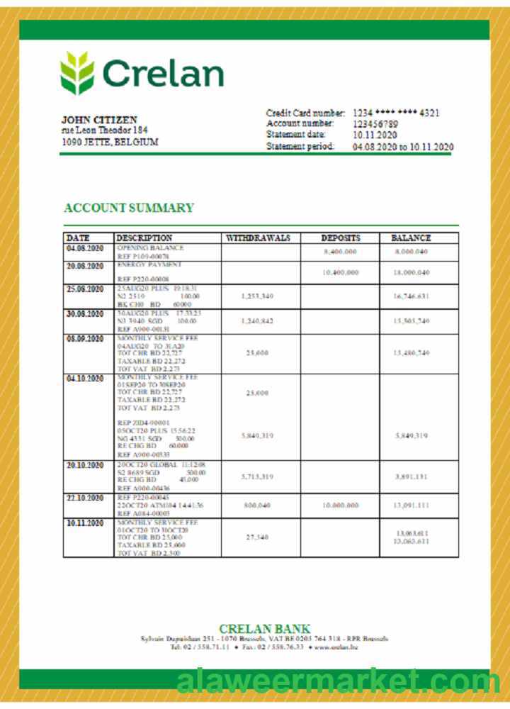 Belgium Crelan bank statement template in Word and PDF format